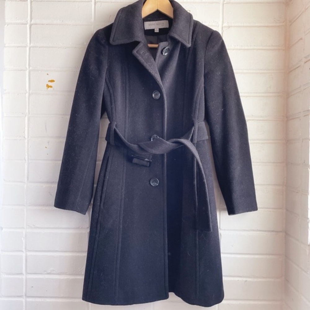 Anne Klein black wool cashmere blend belted coat – Size 4P